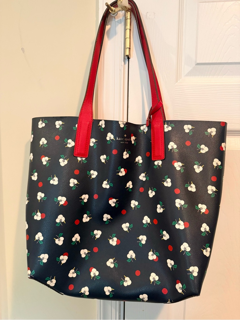 Kate Spade Reversible Navy Floral Cherry Print / Solid Red Tote